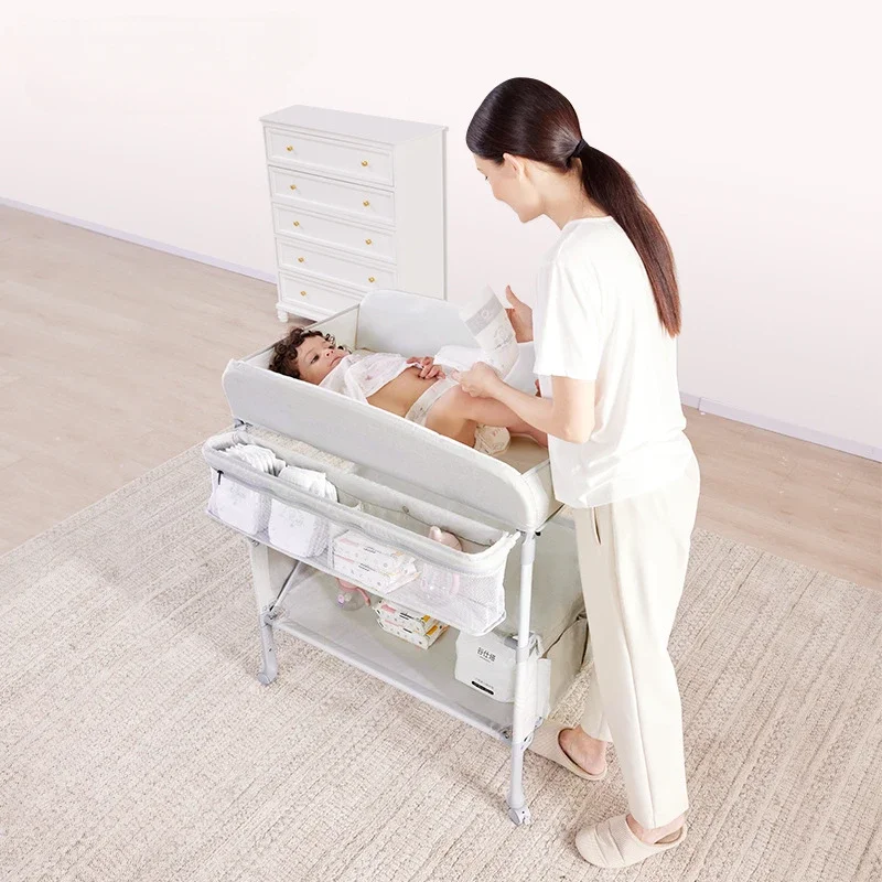 Foldable Baby Diaper Table with Wheels Portable Nursery Furniture Foldable Baby Diaper Changing Table with Basket Storage