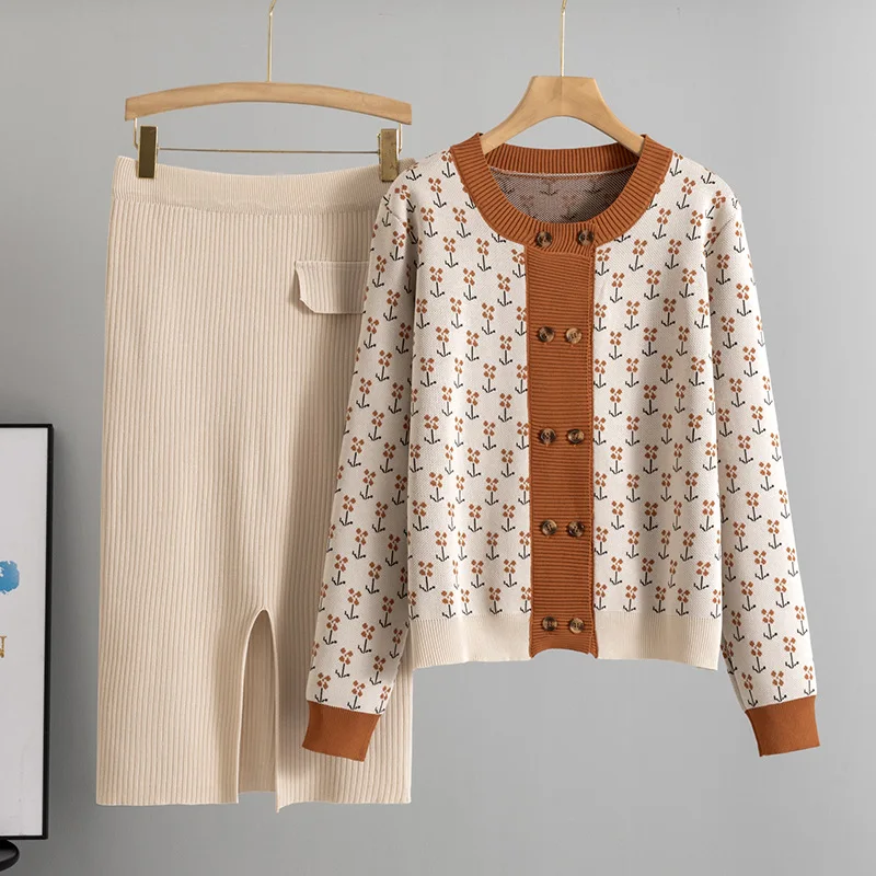 

Korean Floral Print Knit 2-piece Sets Women Winter New O-neck Double Breasted Cardigan Baggy Elastic Waist Split SKirts Set B503