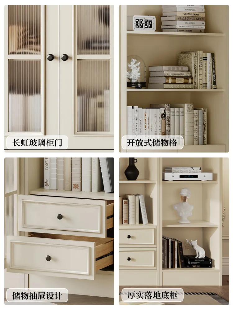 L  White Solid Wood Bookcase Simple Floor Standing Bookcase Bookshelf  Cream Wind Glass Door Storage Cabinet