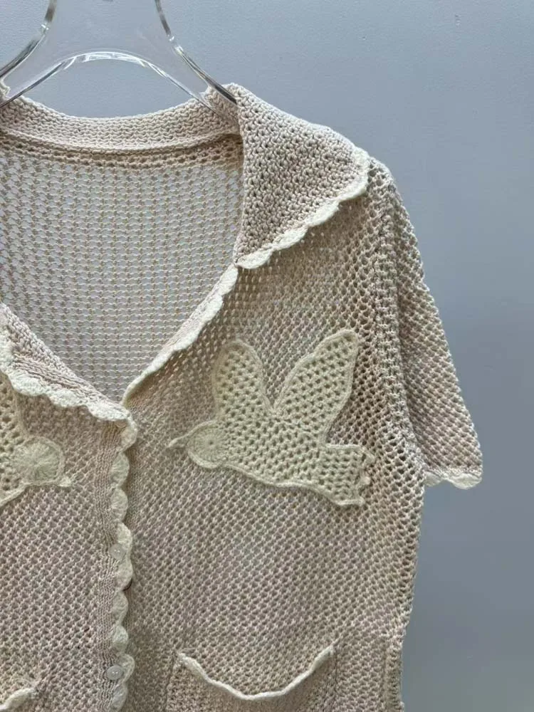 Top in cotone per donna Primavera Estate Casual Ricamo all'uncinetto Camicia a maniche corte con risvolto scavato Camicette abbottonate