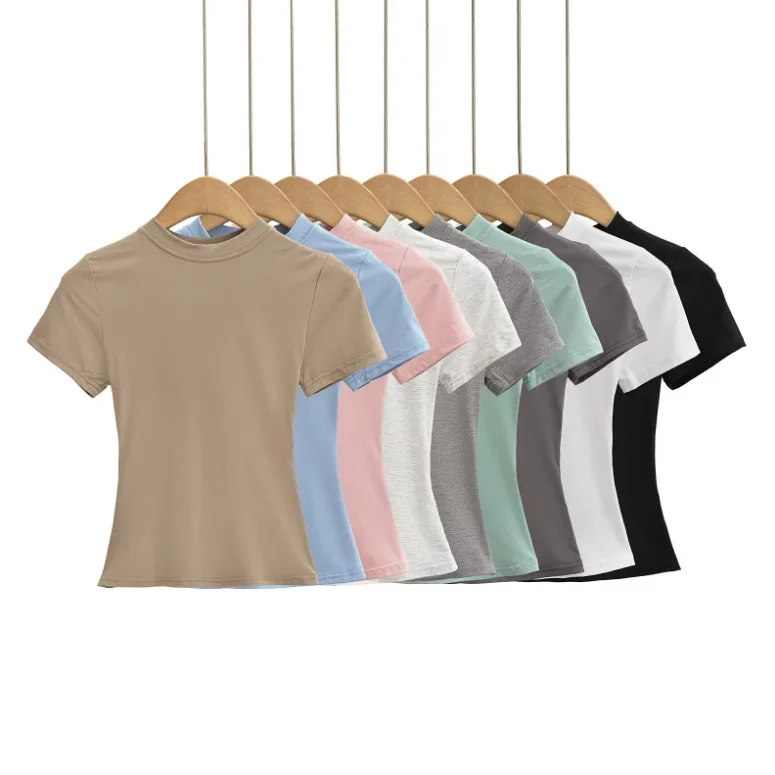 

2025 Summer New Women's Hot Girl Solid Color Cardin-style Round Neck Slim-fit Short Base Layer Short-sleeved T-shirt