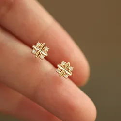 925 Real Money 14K Gold Zircon Cross Flower ​Small Stud Earrings For Women Piercing Earring Wedding Luxury Jewelry Wholesale