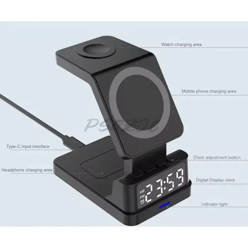 Desktop 4-in-1 Magnetic Bracket Mobile Wireless Charging 15W Multi Functional Comes with Digital Clock Wireless Charger