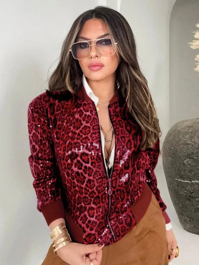 معاطف نسائية مطرزة بالترتر لخريف 2025 بياقة واقفة وسحّاب ملابس خارجية لامعة ملابس خروج نسائية بأكمام طويلة بطبعة الفهد سترة علوية #3