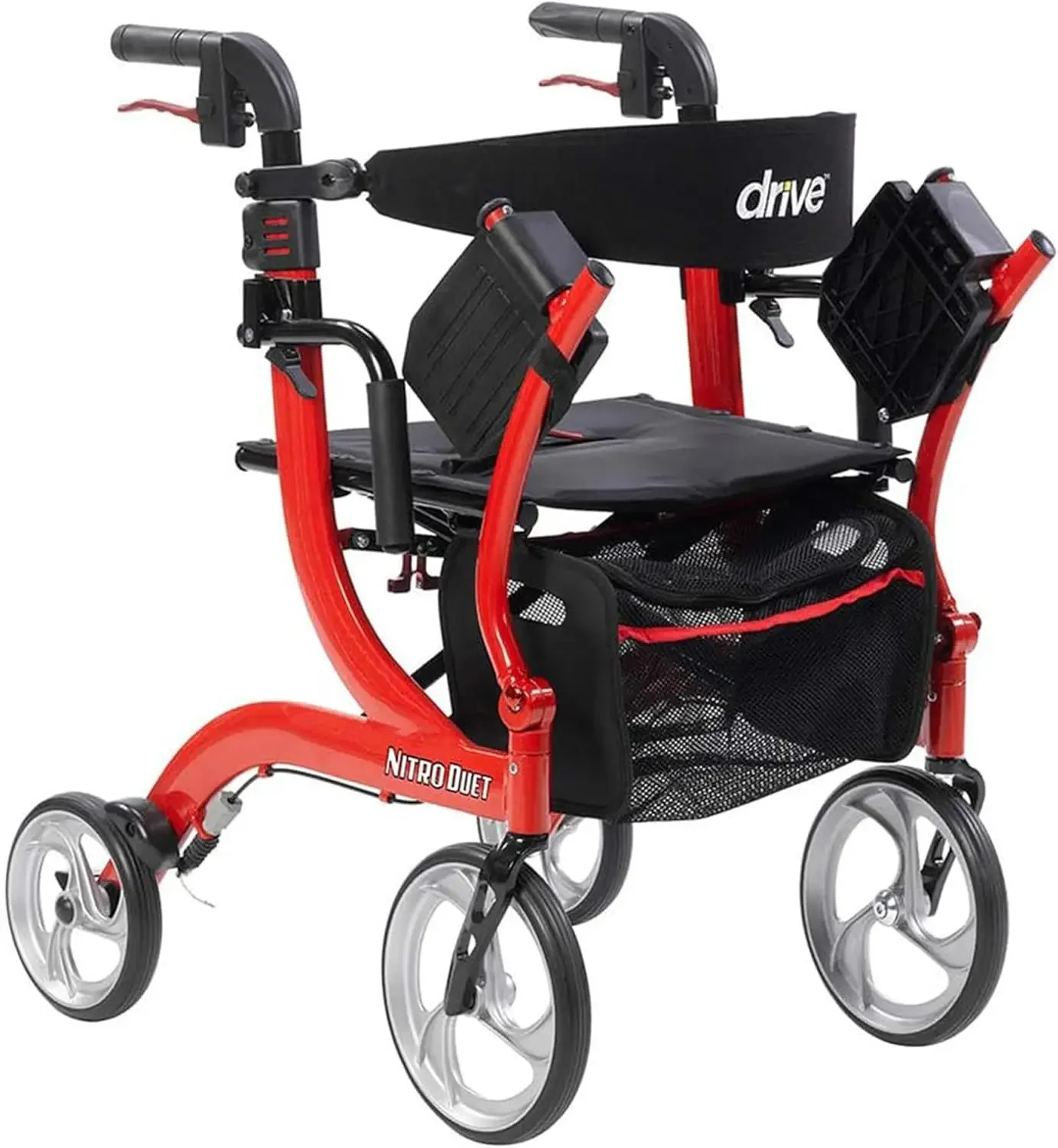 home.Nitro Dual-Funktions-Transportrollstuhl und Rollator Rolling Walker Combo mit handaktivierten Bremsen und Rückenstütze, Rot