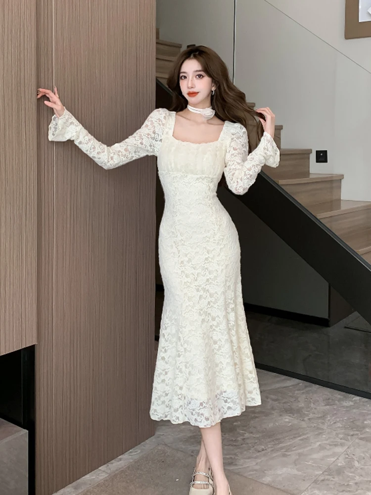 Women Elegant Square Collar Camellia Mermaid Lace Dress Autumn Winter New French Temperament Flare Sleeve Plush Warm Long Skirt