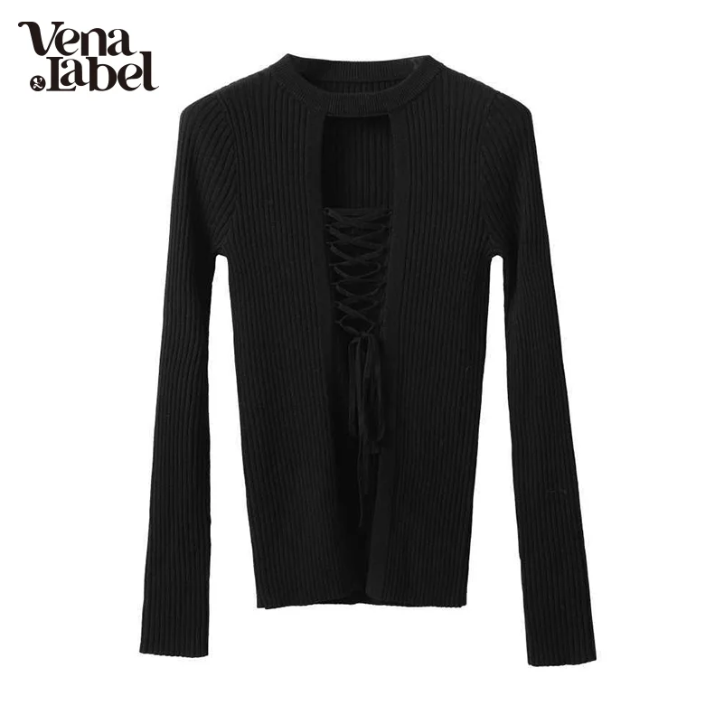 Vena Label Women Sexy Knitted Sweater Hollow Summer Thin Slim Elegant Pullovers Round Neck Spring Female Tops