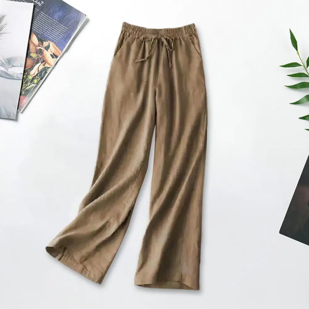 Women's Summer Pants Elastic Waist Adjustable Drawstring Solid Color Loose Pants Straight Leg Wide Leg Casual Pants