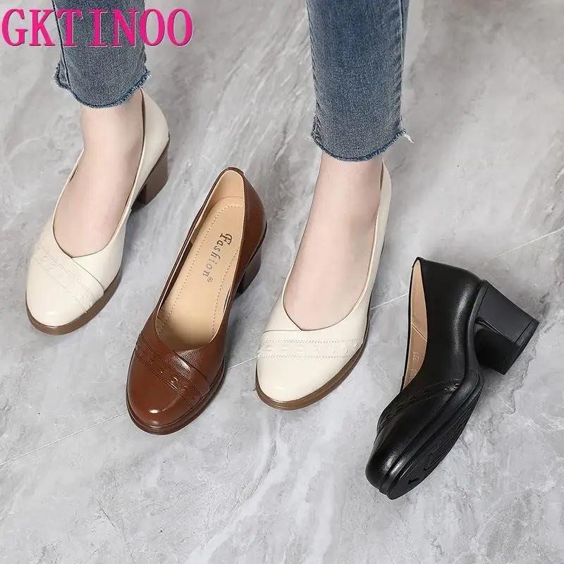 GKTINOO 2024 New Fashion Women Pumps Round Toe Thick Heels Genuine Leather Shoes Woman Spring Summer Office Ladies Shoes Comfort