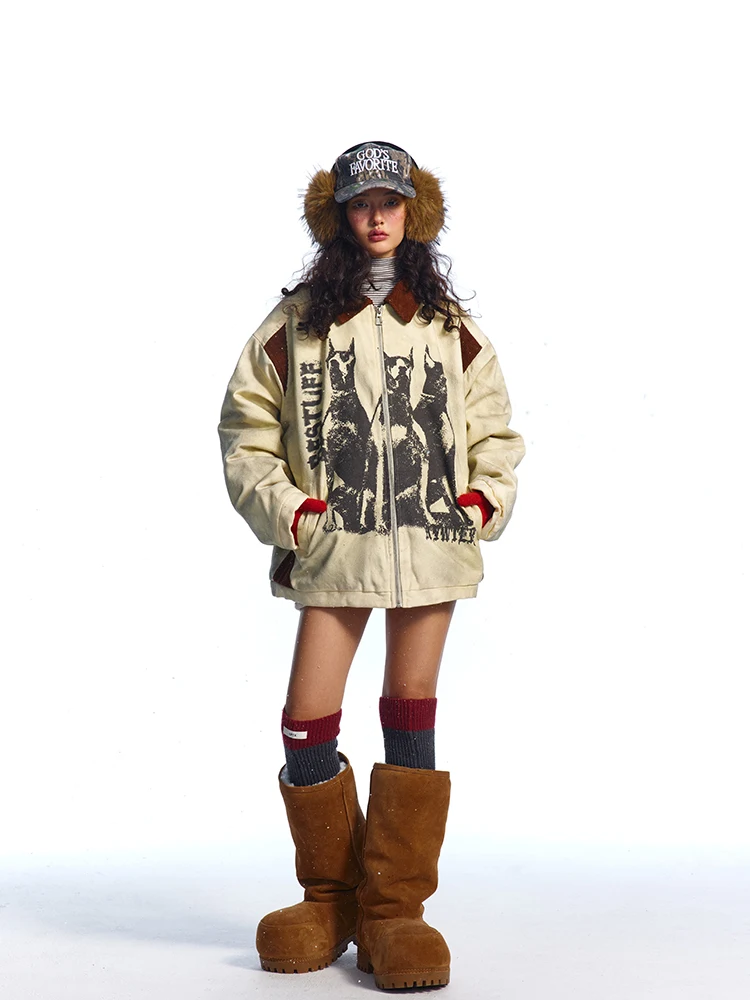 

Retro American Sle Dog Print Cotton Jaet for Men Loose Couple Outerwear Winter High Street Flip Collar Worn in Look