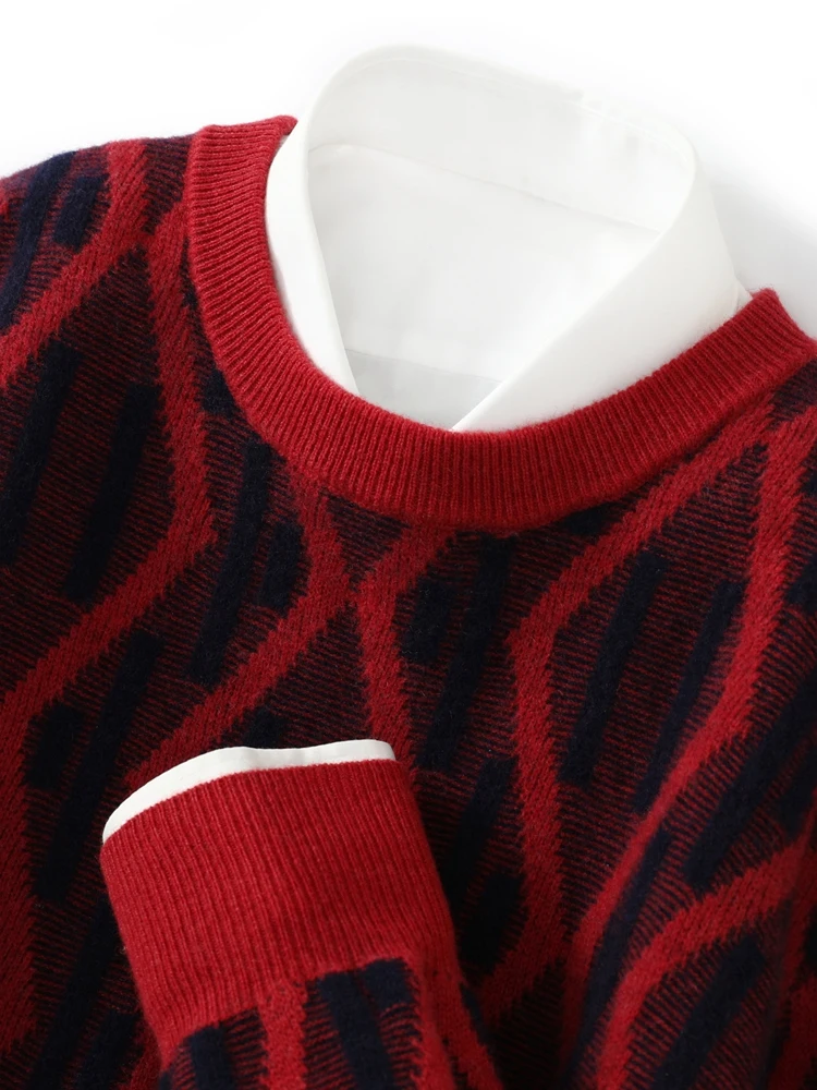 New 100% Merino Wool Pullover For Men O-neck Knit Sweater Diamond patterned Long Sleeves Cashmere Autumn Winter Leisure Clothing