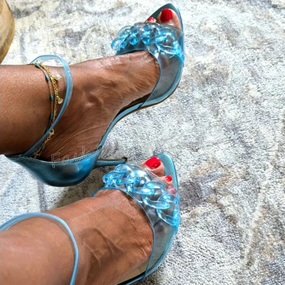 블루 PVC 체인 장식 샌들, 포인티드 토 스틸레토 하이힐, 여성용 섹시 힐, 2025 신상 여성 신발