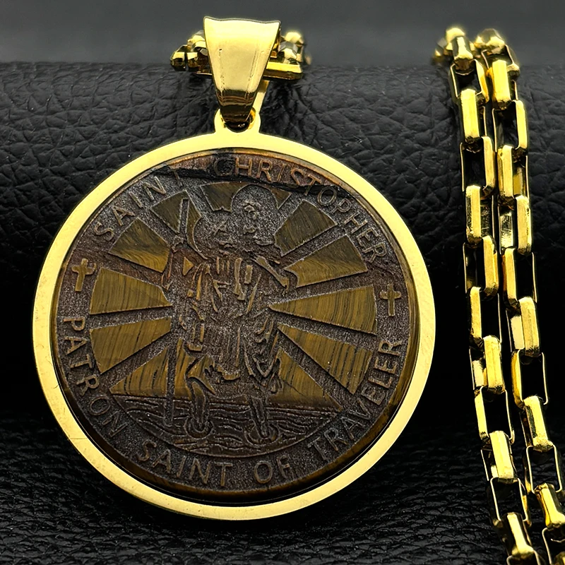 Cadena cruzada de San Cristóbal Jesús para hombres y mujeres, collares de acero inoxidable con piedra Natural, patrón de San Viajero, regalos de joyería