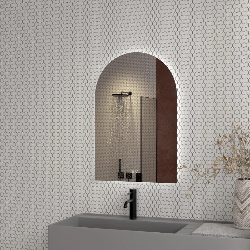 Customized Wall Smart Mirror Acrylic Diffused Light up Touch Screen Anti Fog Arched With Led Light Bathroom Mirror