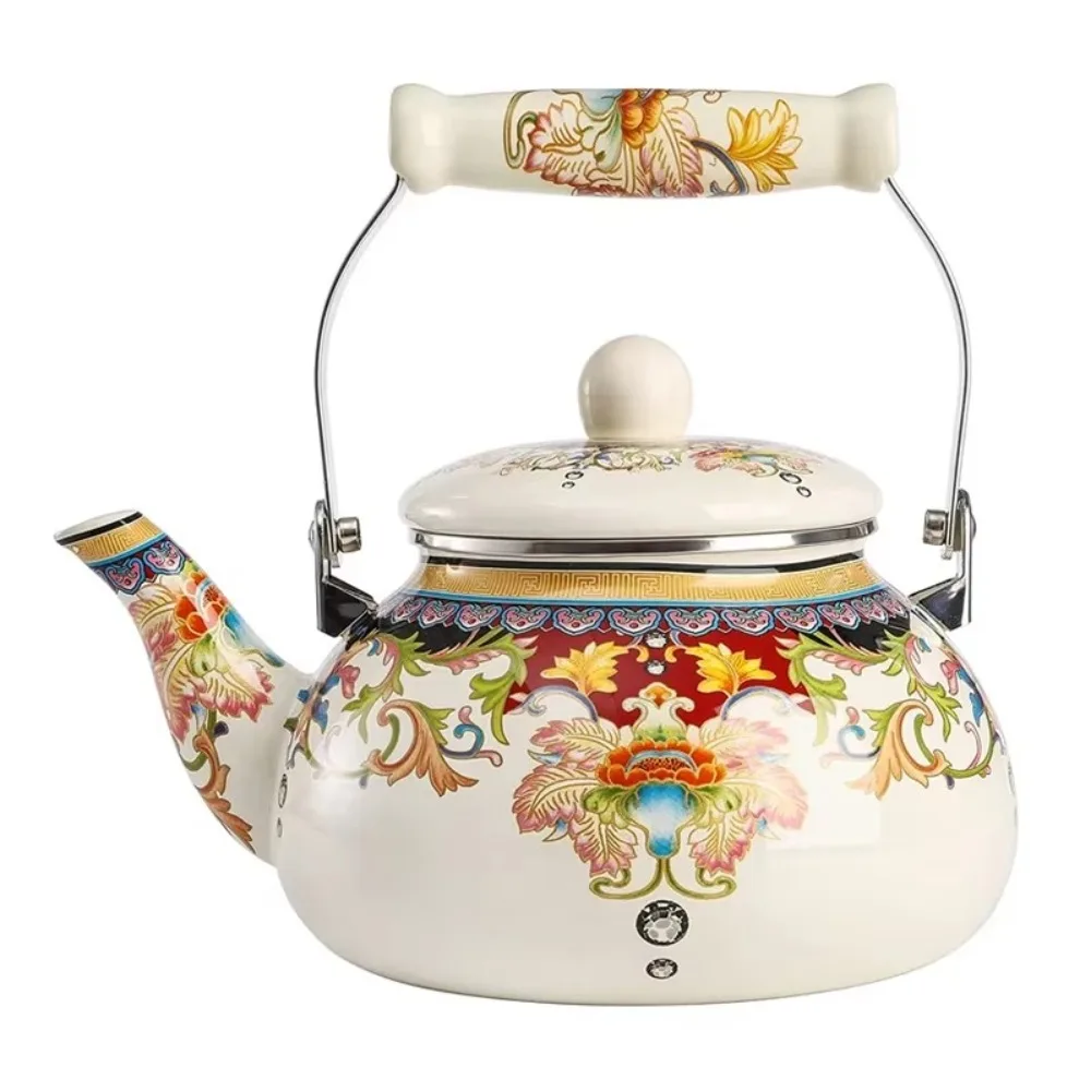 Chinese Style Enamel Teapot 2.5L Antiscald Handle Tea Jug Floral Enameled Pear-shaped Gas Water Kettle Gas Induction Cooker