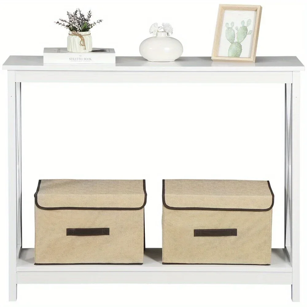 Wood Console Table for Entryway, 2-Tier Sofa Table Accent Table w/Storage Shelf for Living Room, Hall, Foyer, White 5