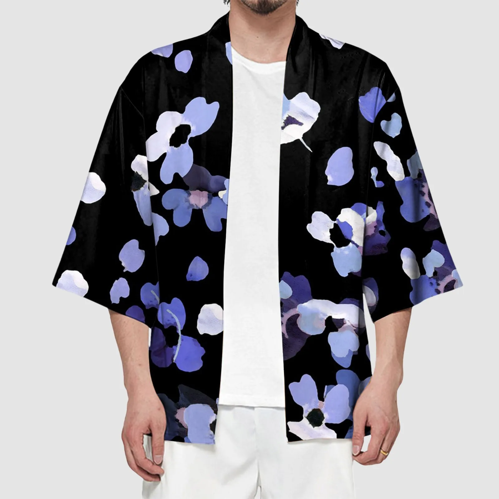 

Men Cardigan Top Spring Summer Cool Semi Long Sleeve All Print Printed Coat Collarless Antique Shirt Jackets Hip Hop Streetwear