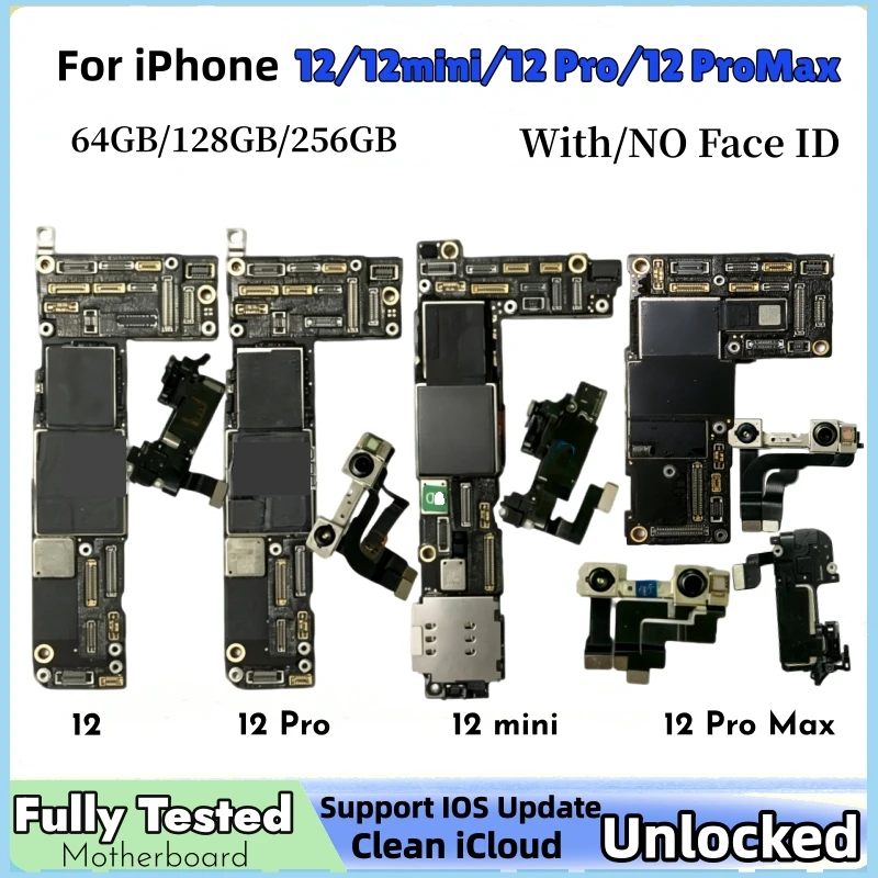 Fully Unlocked Clean ICloud Mainboard For iPhone 12 Pro/Pro Max With/No Face ID Support Update Motherboard 12 Mini Logic Board