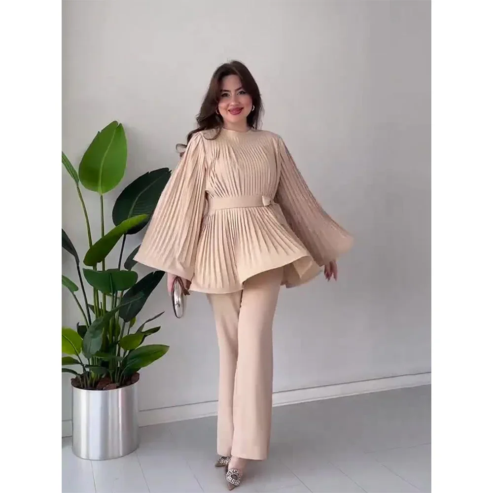 Women\'s Casual Style Suit 2024 Spring/summer Latest Round Neck Bat Sleeve Pleated Long Sleeved Top with Elegant Temperament Set