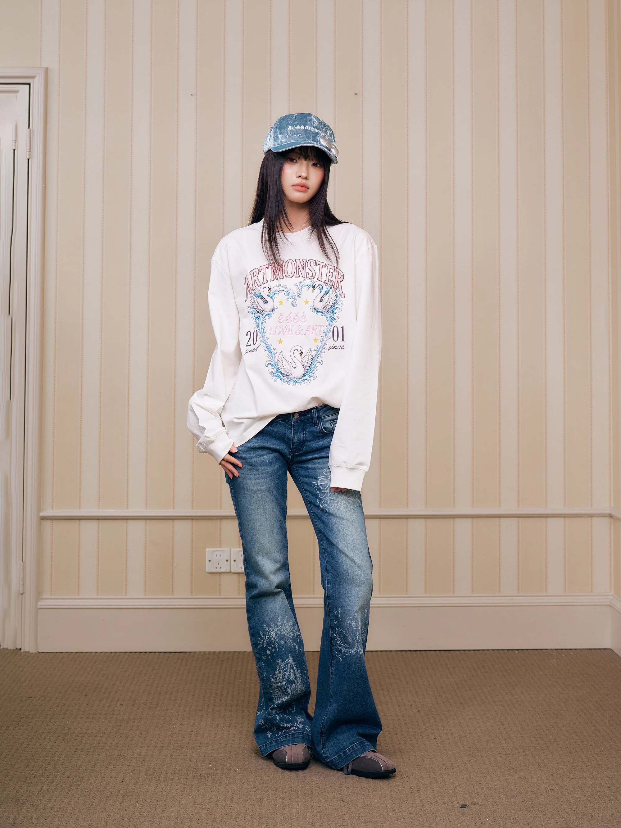 Swan Emblem American Retro Badge Printed Long Sleeve T-Shirt Design Sense Heat Star Base Shirt Autumn Vintage Style round Neck