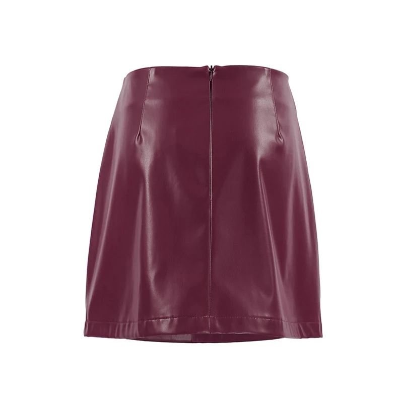 Women\'s Sexy Red Leather Mini Skirt, High Waist, A-line Zipper, Female Short Skirts, Burgundy, New Fashion, Autumn, Winter, 2024