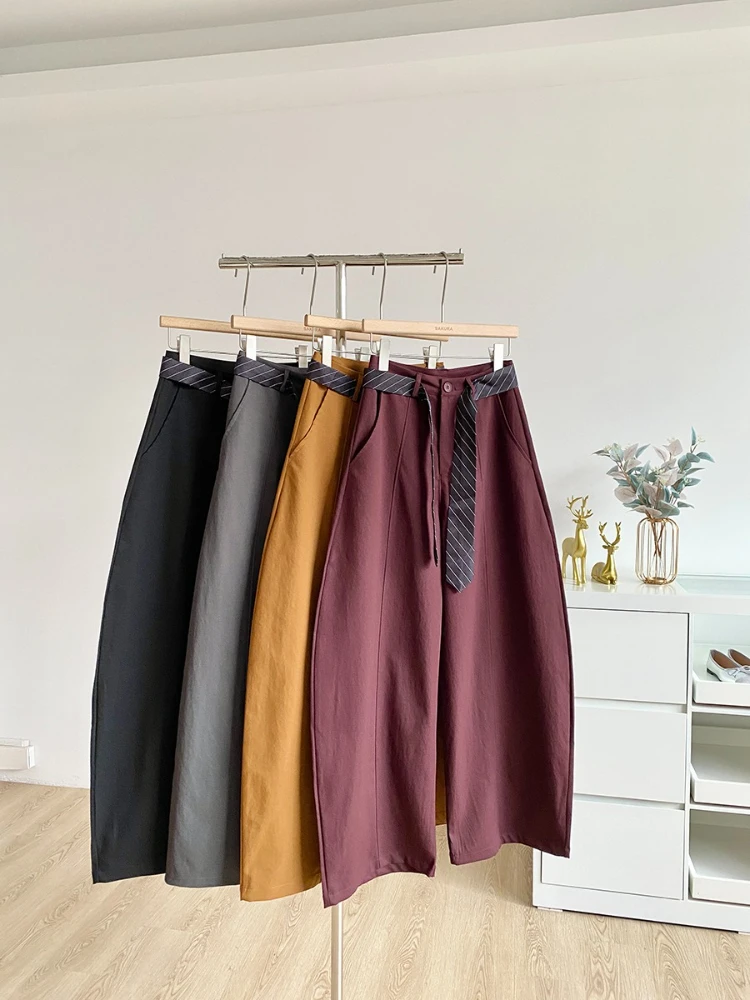 2025 خريف جديد الكورية نمط تصميم عصري فضفاض عالية الخصر تنوعا سراويل تقليدية الصلبة بنطال ذو قصة أرجل واسعة للنساء
