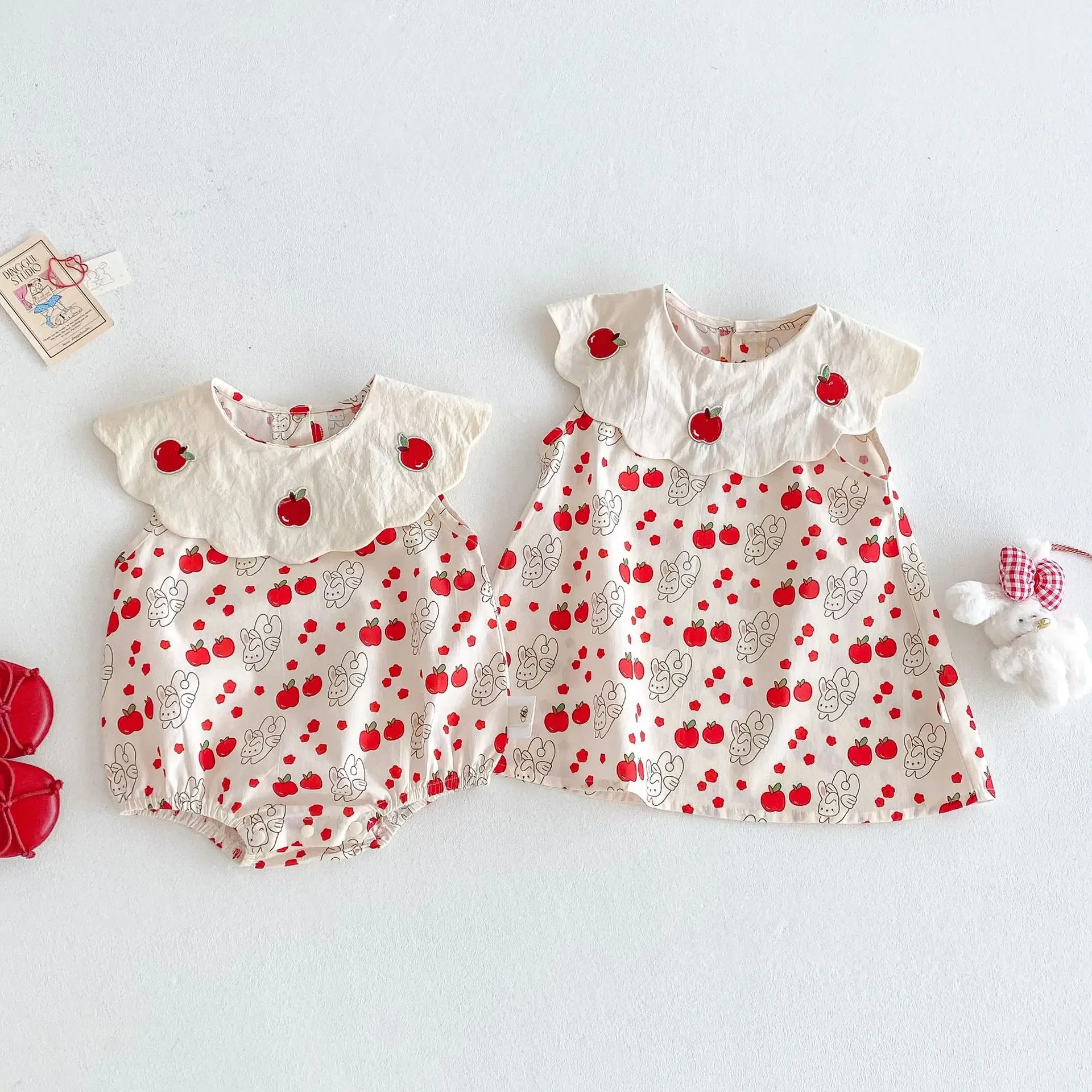 

2025 Summer New Baby Girl Strawberry Print Dress & Romper - 98% Cotton Cute Bunny Design Infant Toddler Clothing