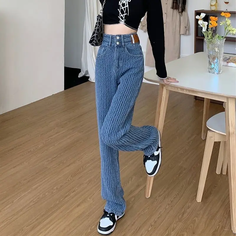 

Утягивающие джинсы с высокой талией, джинсы длиной до пола, прямые синие брюки, осенние новые корейские версии, женская мода