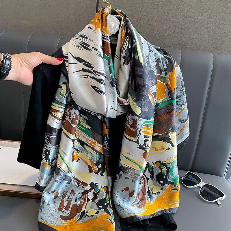 

Fashion Design Satin Finish Shawl The Four Seasons 180X90CM Scarves Luxury Brand Lrage Silk Scarf Women Popular Print Warm Hijab