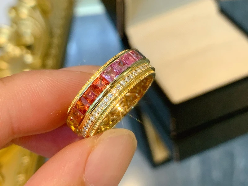 KUGG 100% 18K Yellow Gold Rings Luxury Palace Style Shiny Diamond Natural Color Sapphire Ring for Women High Party Jewelry