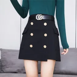 Women Clothing Autumn Winter Korean Fashion High Waist Sexy Mini Skirts Female Elegant Black Irregular Buttons Slim Skirt Faldas