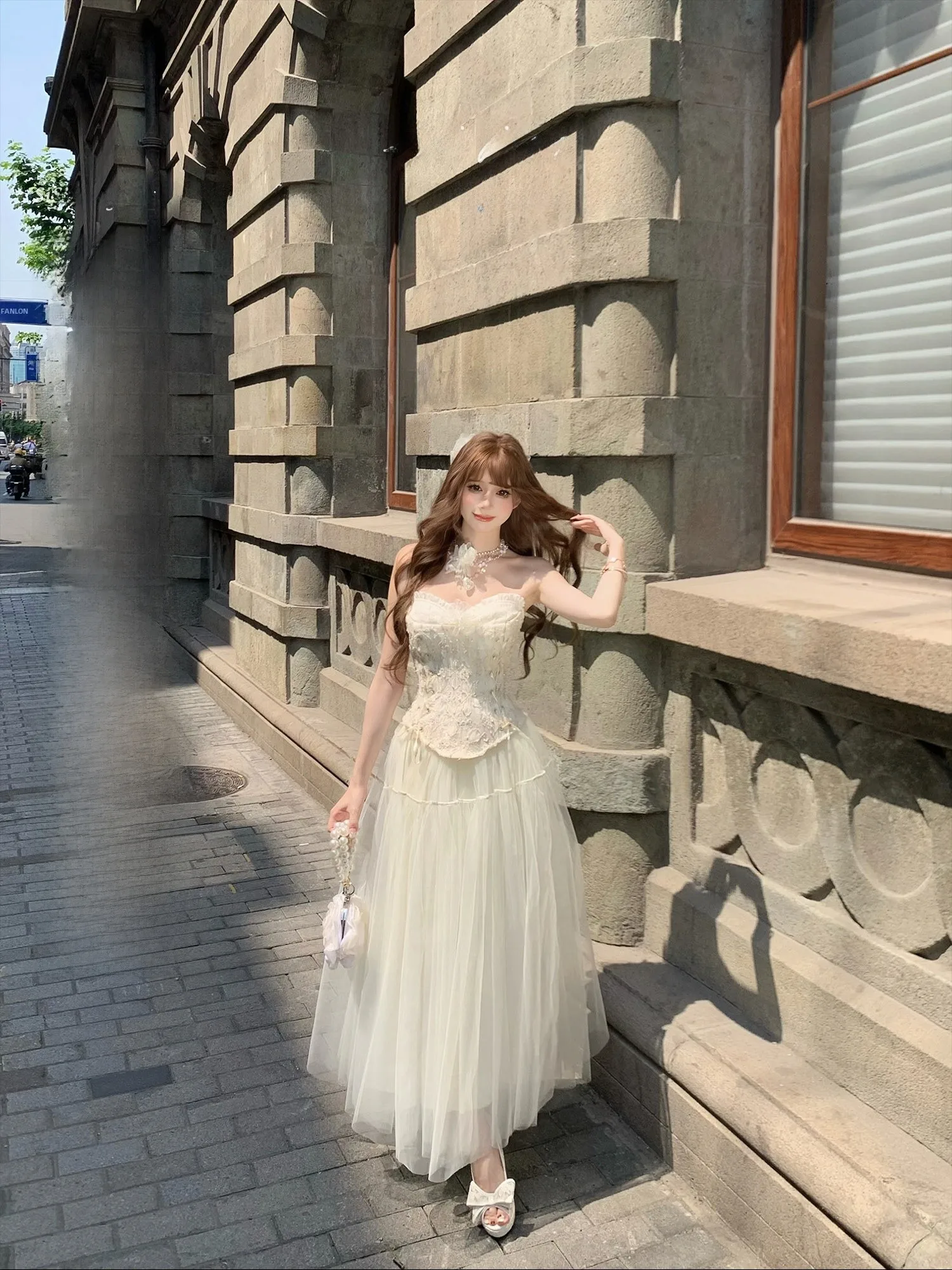 

SISI JIANG Moonlight Silk Lace Heavy Work Fibone Top Tulle A-Line Skirt Wide Hemline Women's Summer Faion Dr