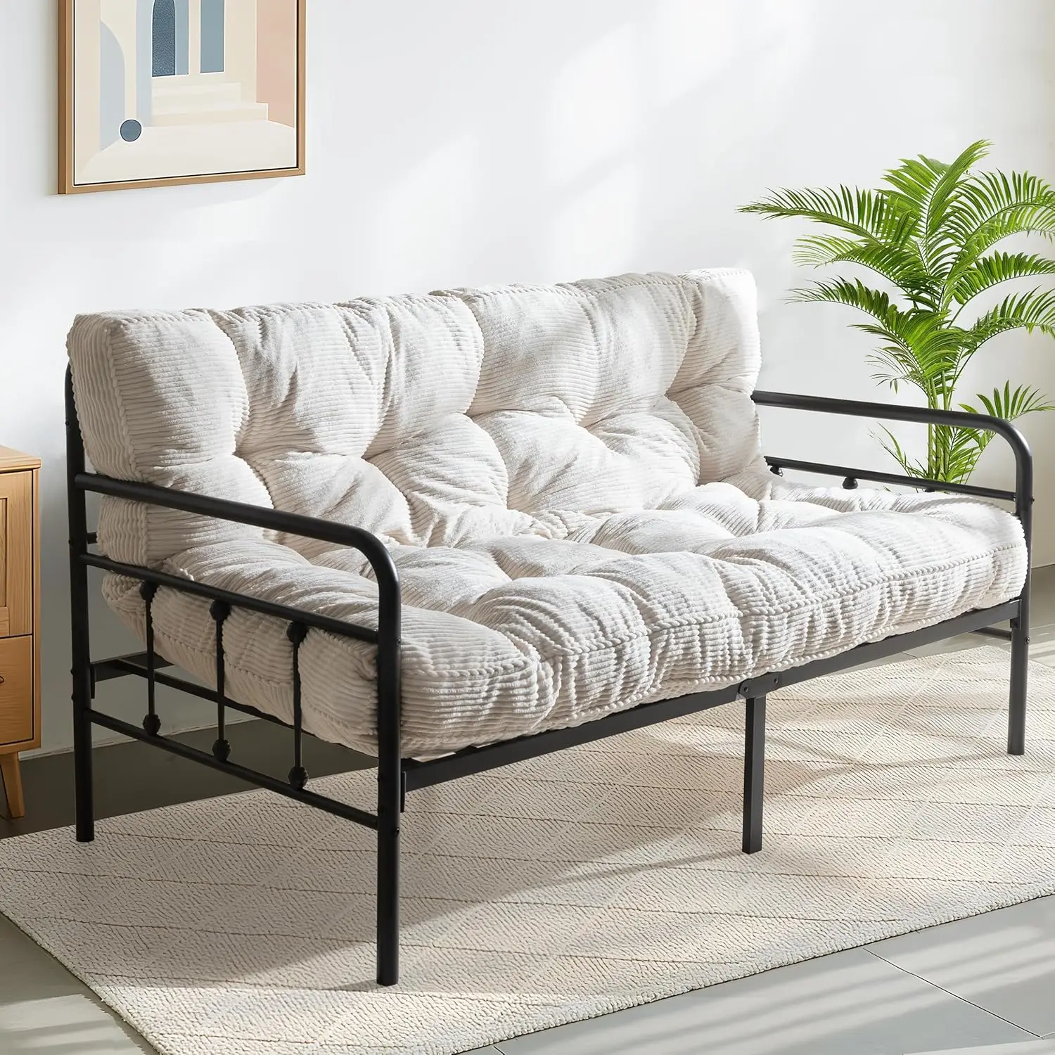 Full Size Futon Mattress for Sofa Bed, Shredded Foam, Beige Color, Tufted with Twisted Rope Design Edging
