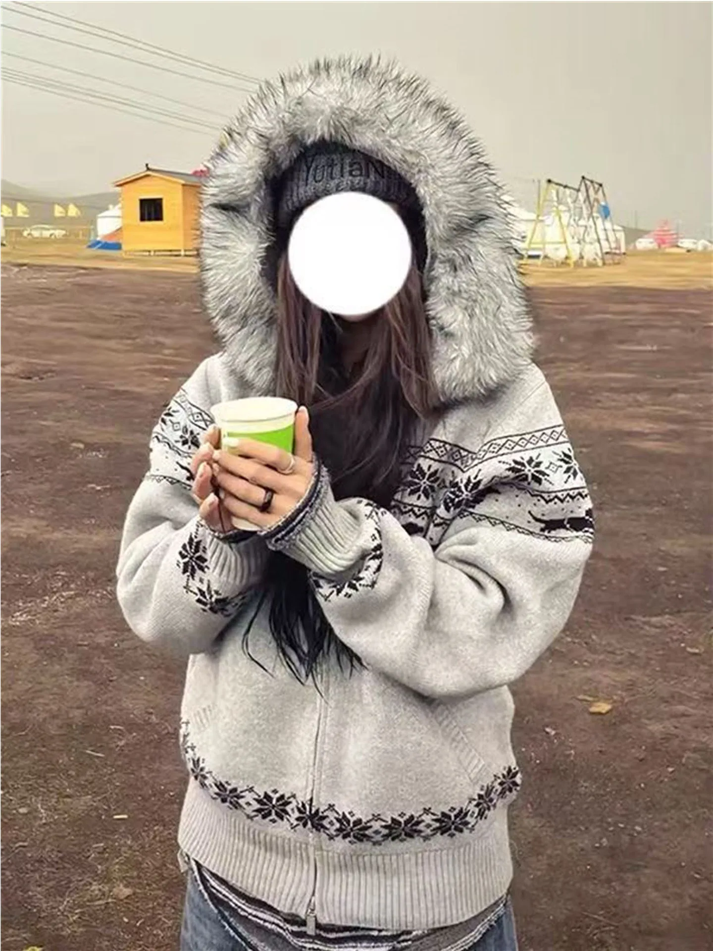 

Американский вязаный свитер в стиле ретро, женское осенне-зимнее пальто с меховым воротником и капюшоном, открытый кардиган, свободный модный топ для ленивых