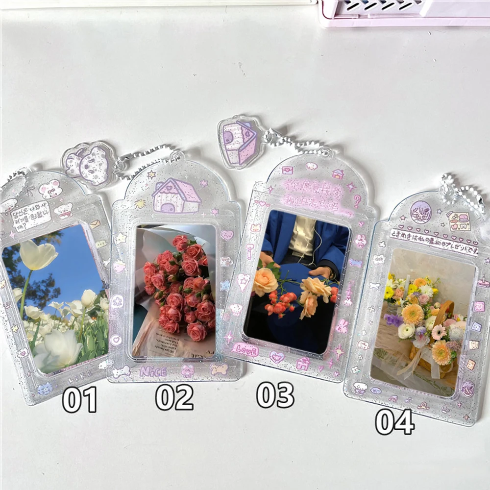 INS Girls Flash Shiny PVC Photo Card Holder Photo Pocket Photo Frame Key Chain Photo Sleeves Photocards Protector Bag Pendants