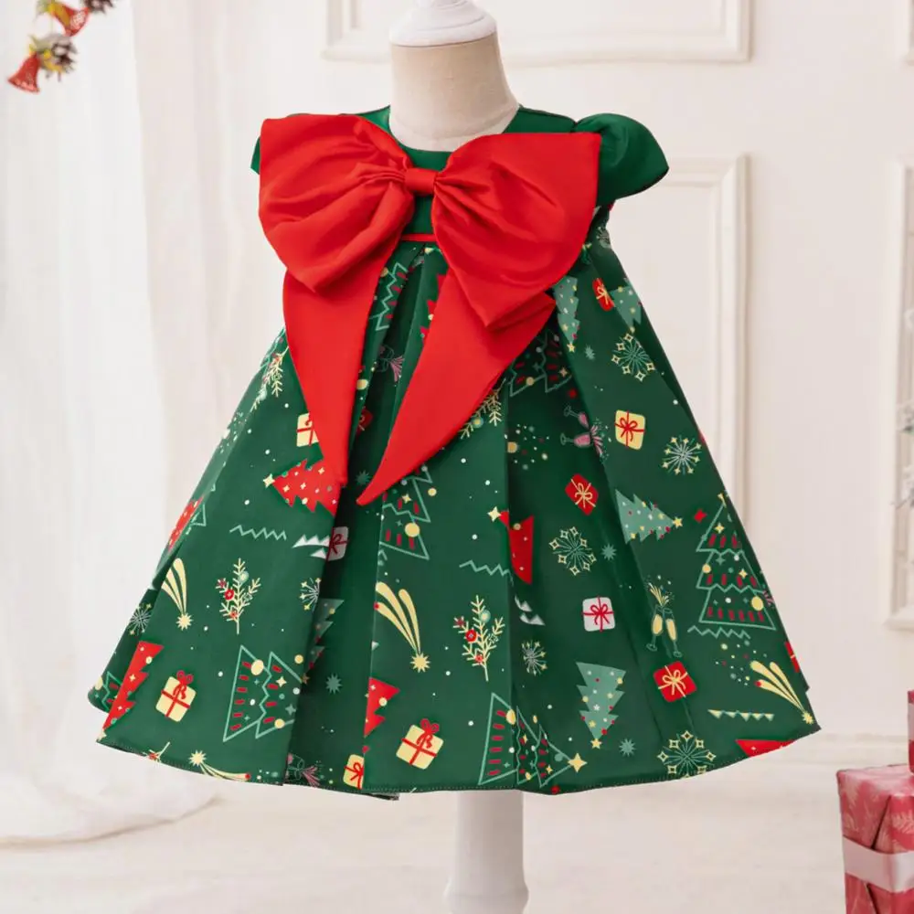 Christmas Dress Christmas Tree Little Flying Sleeve Princess Dress Cartoon Printed Dress Red Big Bow Color Blocked Dress