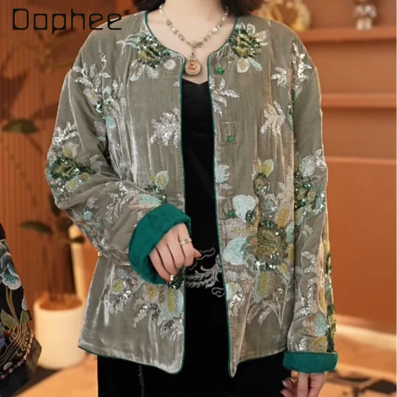 

Vintage Heavy Industry Embroidery Beaded Sequined Coat Women High End Temperament Versatile Round Neck Fashion Loose Short Coat