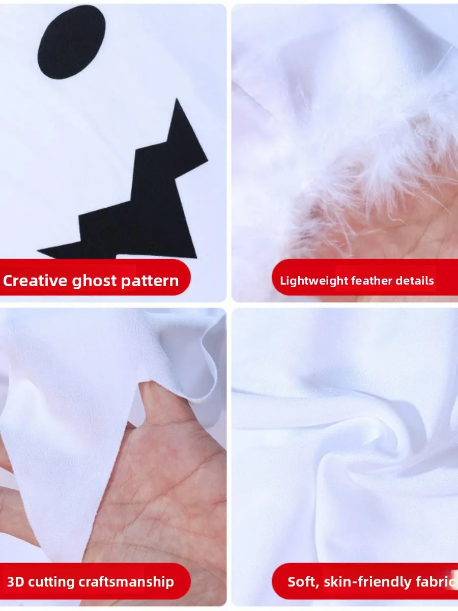 زي شبح للأطفال لعيد الهالوين، فستان أبيض بغطاء للرأس، ملابس تنكرية من البوليستر، مجموعة ربيع 2024