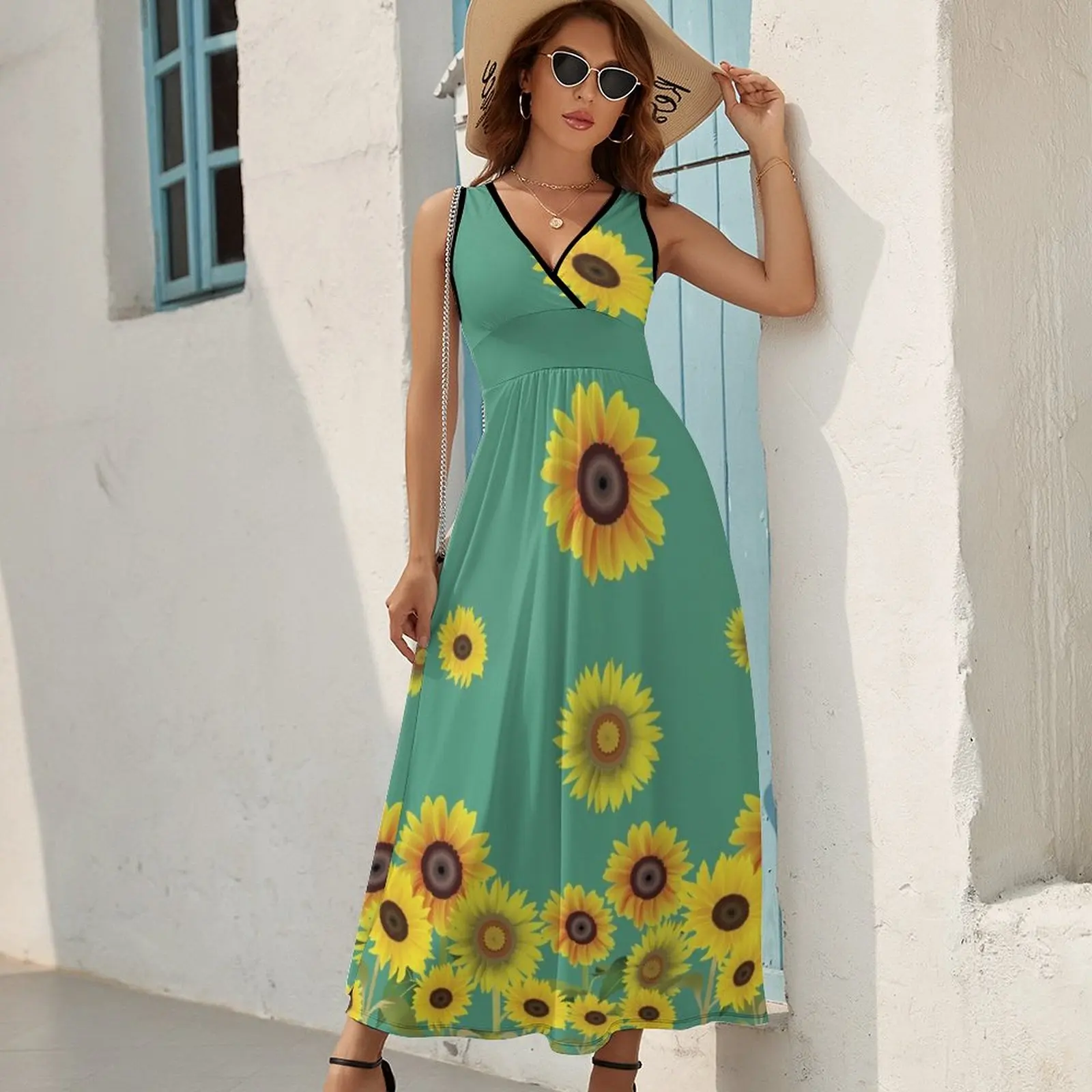 Vestido largo sin mangas con estampado de girasol para mujer, traje elegante de noche, 2024