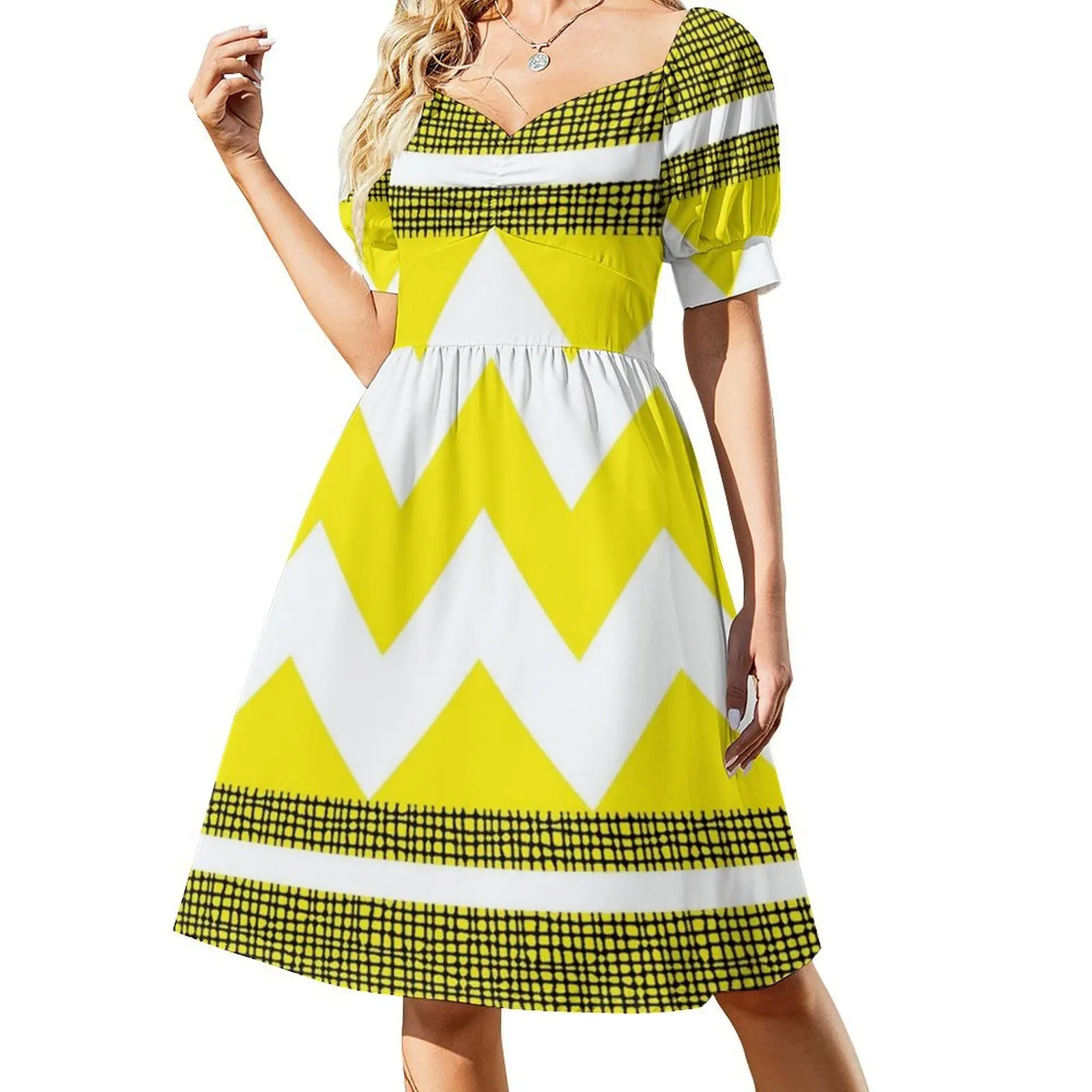 فستان هندسي متعرج الملمس الأبيض والخردل البوهيمي بدون أكمام للنساء طباعة فساتين حفلات الشاطئ هندسية متعرج #2