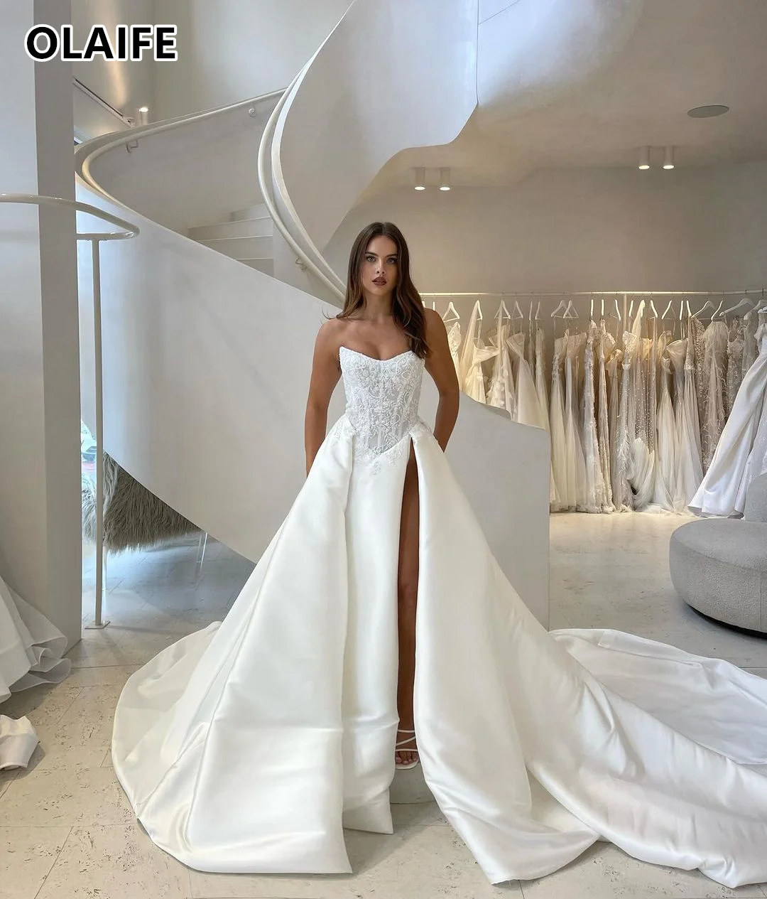 Alta qualidade cetim vestidos de casamento com fenda, Vestidos nupciais para casamento, Vestido elegante para mulheres, 2024