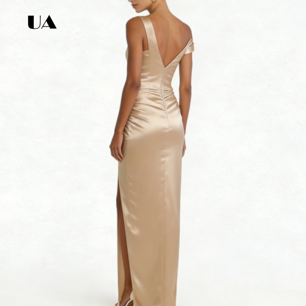 ULBYANRY Satin Sweetheart Neck Prom Dress with Asymmetrical Sleeve Solid Draped Slit Evening Dress Elegant Customized Party Gown