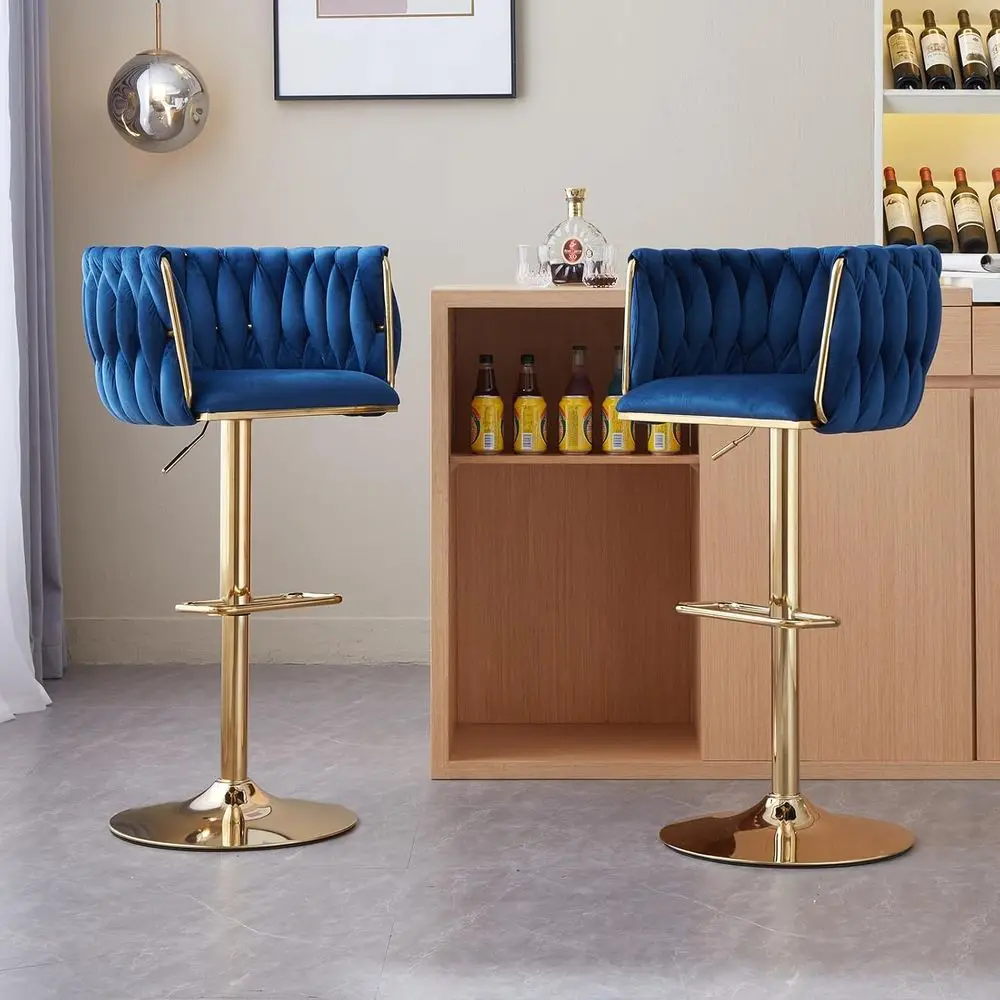 Velvet Bar Stools Set o 2 Swivel Counter Height Bar Stools with Woven Back and ootrest or Kitchen Island, Cae, Pub (Blue)