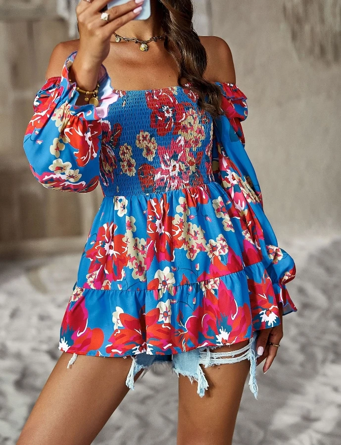 

Women's Blouse Floral Print Sleeveless Backless Naked Waist Slash Shoulder Strapless Pleated Long Sleeve Pullover Beach Vacation