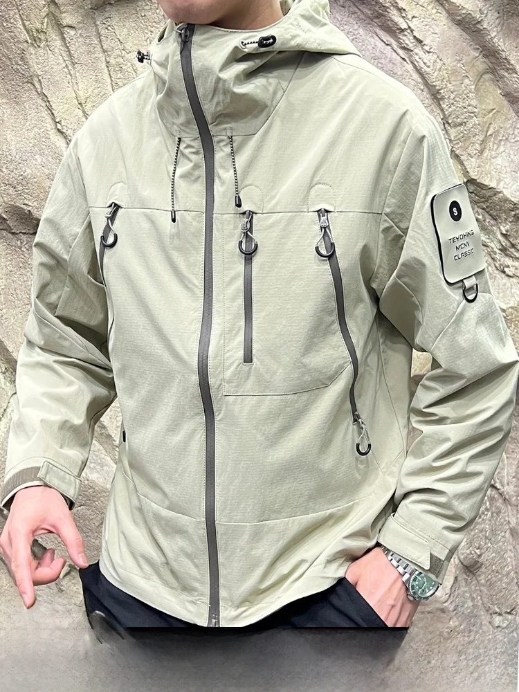 

Мужское повседневное пальто свободного кроя с несколькими карманами для улицы, водонепроницаемое нейлоновое пальто с подставкой, осень 2021, повседневное пальто