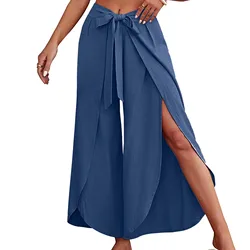 Women's Fashion Loose Casual Solid Color High Waist Flowy Wide Leg Pants Front Split Wrap elegant lace-up Length Trousers