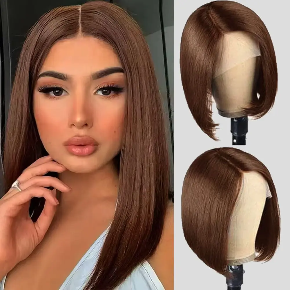 

FGX- # 4 прямых парика Боб Шоколадно-коричневые парики из натуральных волос 13x4 Прозрачный парик фронтальной части шнурка Бразильские девственные 100% человеческие волосы