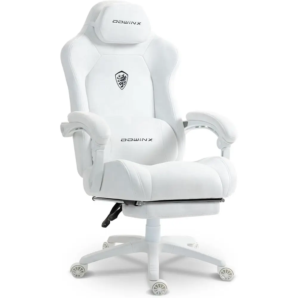 Ergonomic High-Back Suede Gaming Chair with Spring Cushion and Footrest, 440lbs Capacity, White