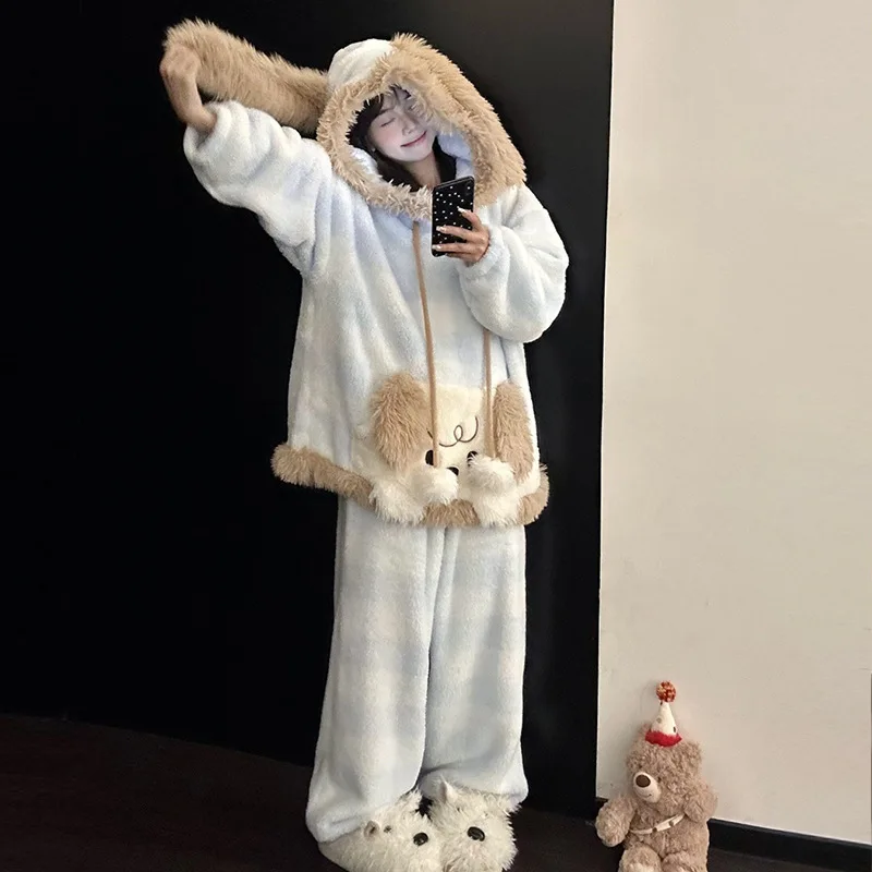 Cute Winter Women Pajamas Set Coral Fleece Thicken Hooded Homewear 2 Pcs Shirt&pants Cartoon Puppy Pocket Loungewear Nightwear