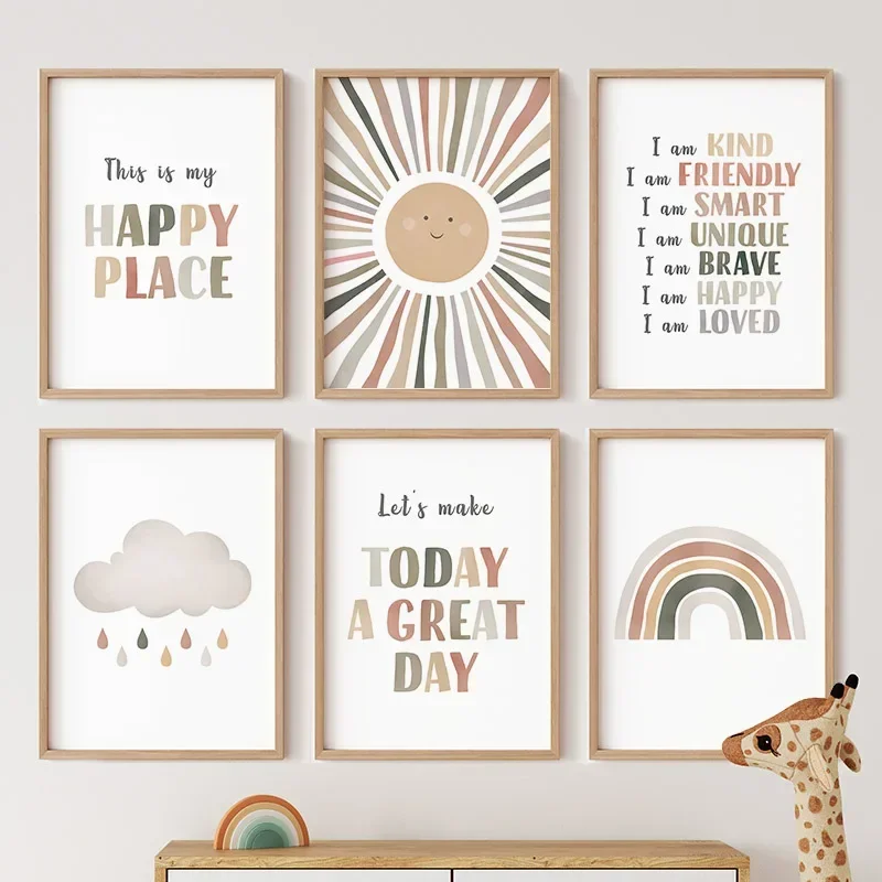 

Boho Cartoon Sun Cloud Rainbow Growth Quotes Wall Art Canvas Kids Nursery Decor Nordic Posters Prints for Children's Room